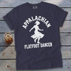 Dark blue t-shirt featuring a white graphic of a dancing woman and the text Appalachian Flatfoot Dancer.
