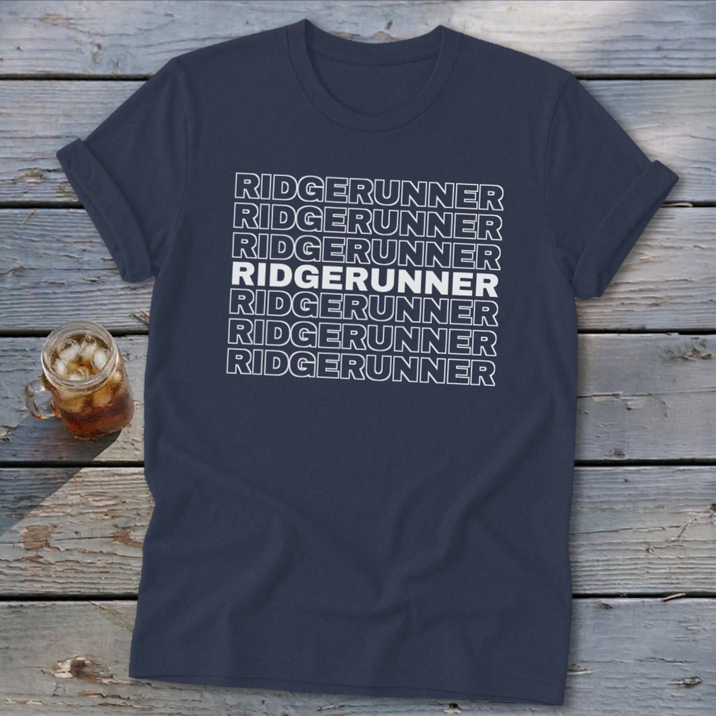 Navy t-shirt with "RIDGERUNNER" printed multiple times in white.