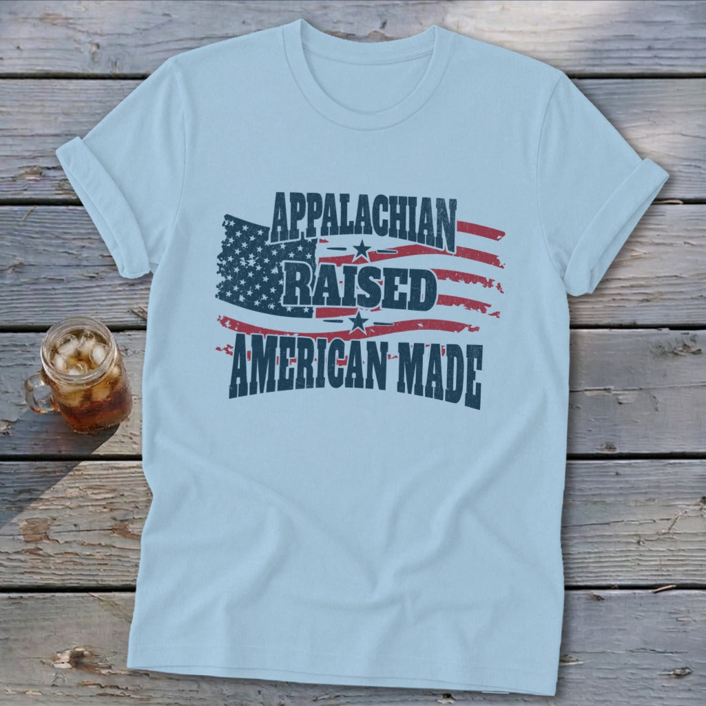 Light blue t-shirt with Appalachian Raised American Made text over distressed American flag.
