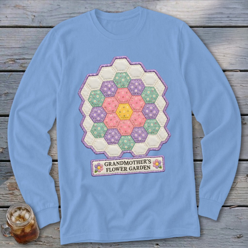 Light blue long-sleeved shirt with a hexagon flower quilt design and text: Grandmother's Flower Garden.