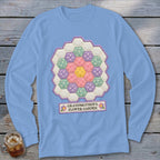 Light blue long-sleeved shirt with a hexagon flower quilt design and text: Grandmother's Flower Garden.