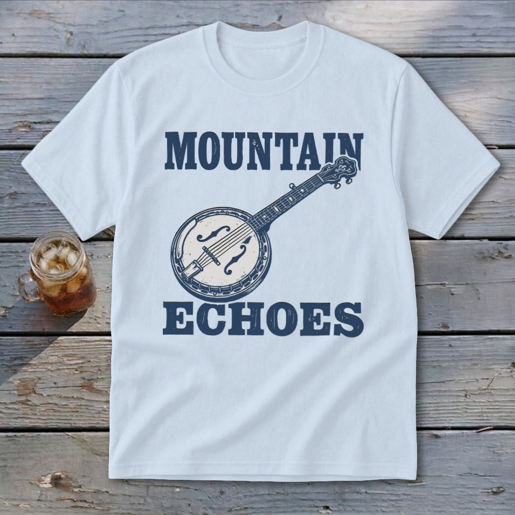 A light blue t-shirt with a blue graphic of a banjo and the text Mountain Echoes.