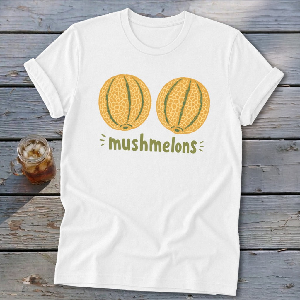 White t-shirt with two cantaloupes and the text "mushmelons".