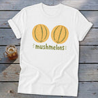 White t-shirt with two cantaloupes and the text "mushmelons".