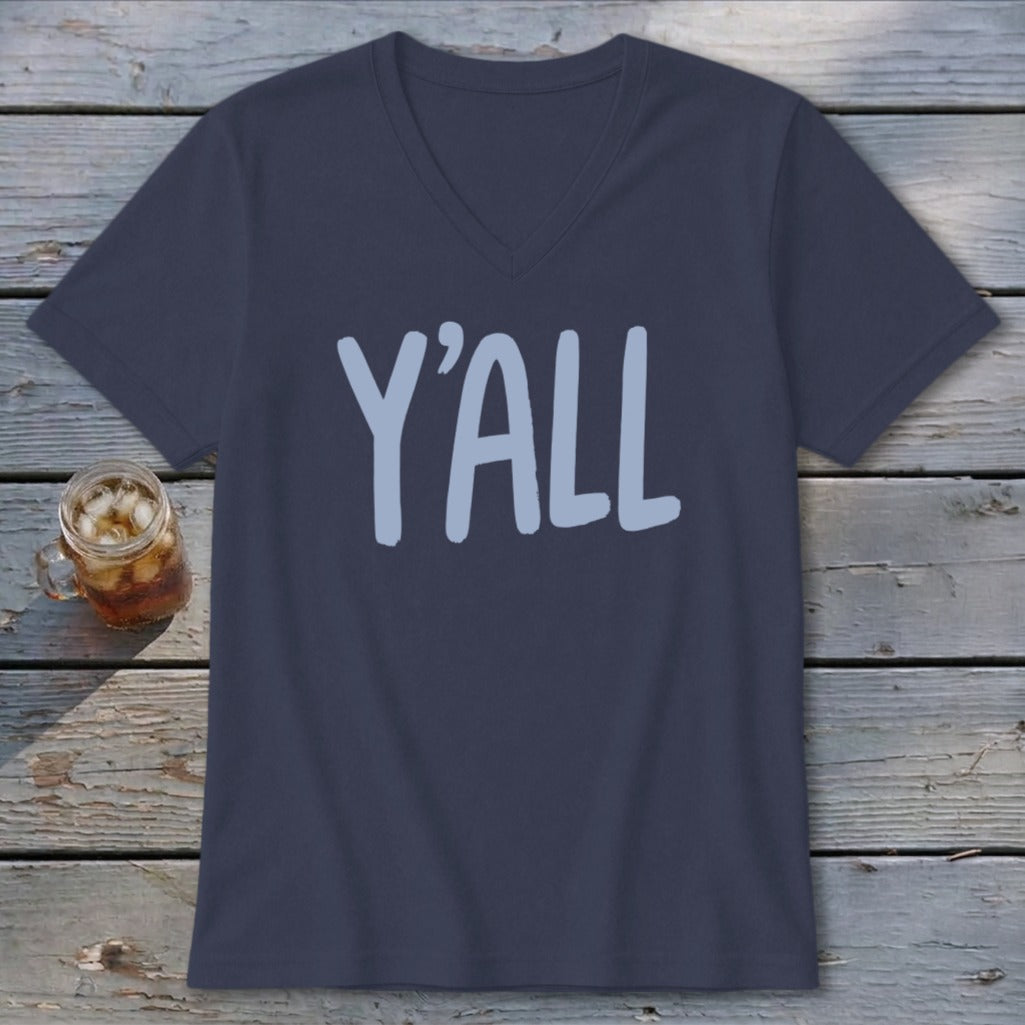 Navy V-neck t-shirt with light blue "Y'ALL" graphic, next to iced drink.