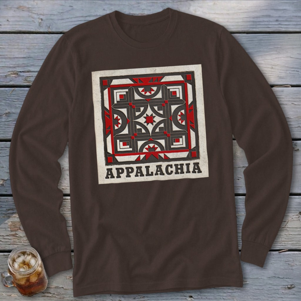 Brown long-sleeve shirt featuring a geometric red, white, and black square quilt block with Appalachia printed underneath.
