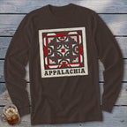 Brown long-sleeve shirt featuring a geometric red, white, and black square quilt block with Appalachia printed underneath.