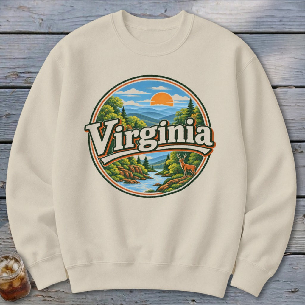 Cream sweatshirt with circular graphic featuring "Virginia" text and a scenic landscape.