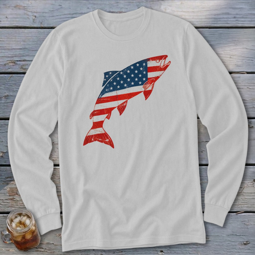 Light gray long-sleeve t-shirt with a distressed graphic of a leaping fish patterned like the American flag.