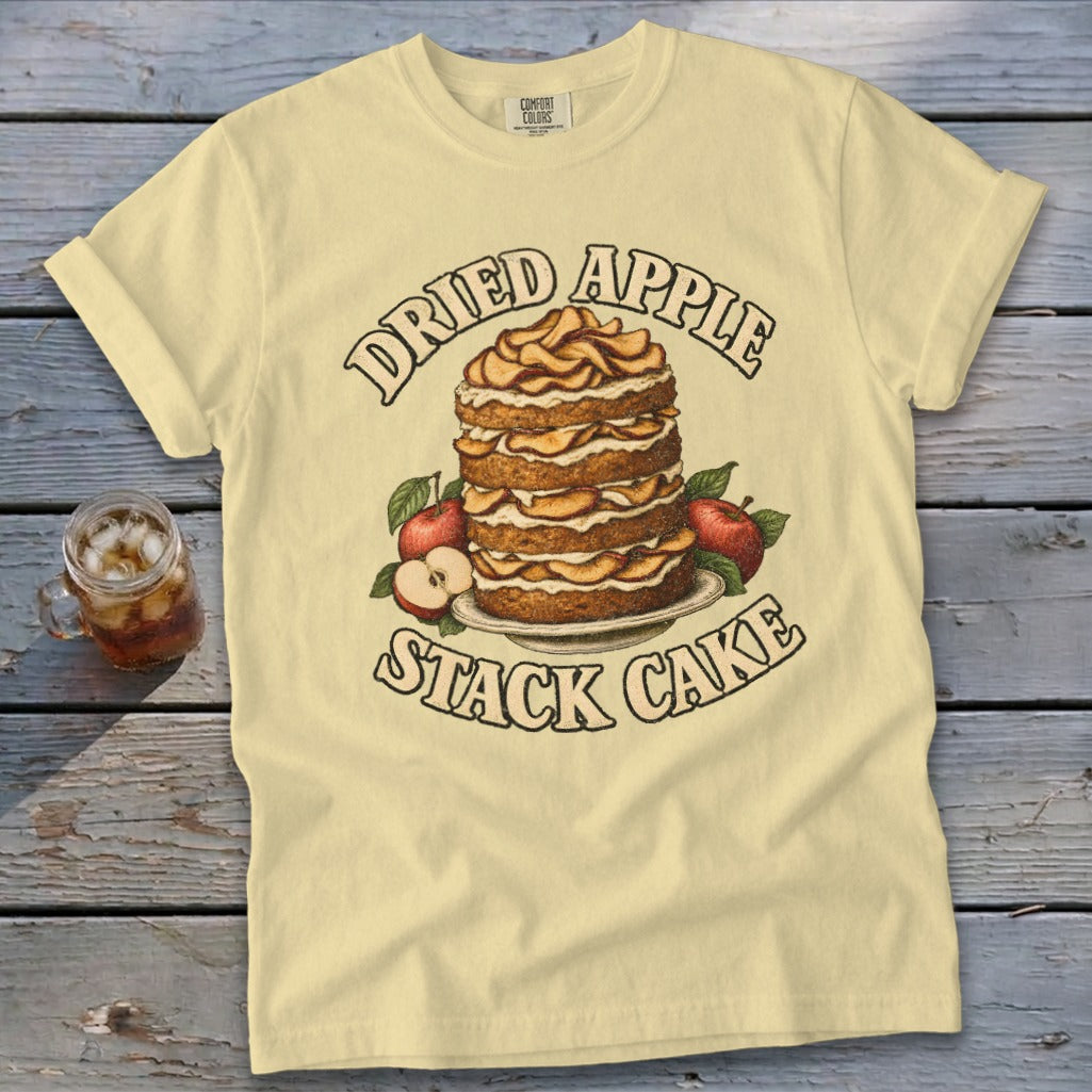 Light yellow t-shirt with "DRIED APPLE STACK CAKE" text and illustration.
