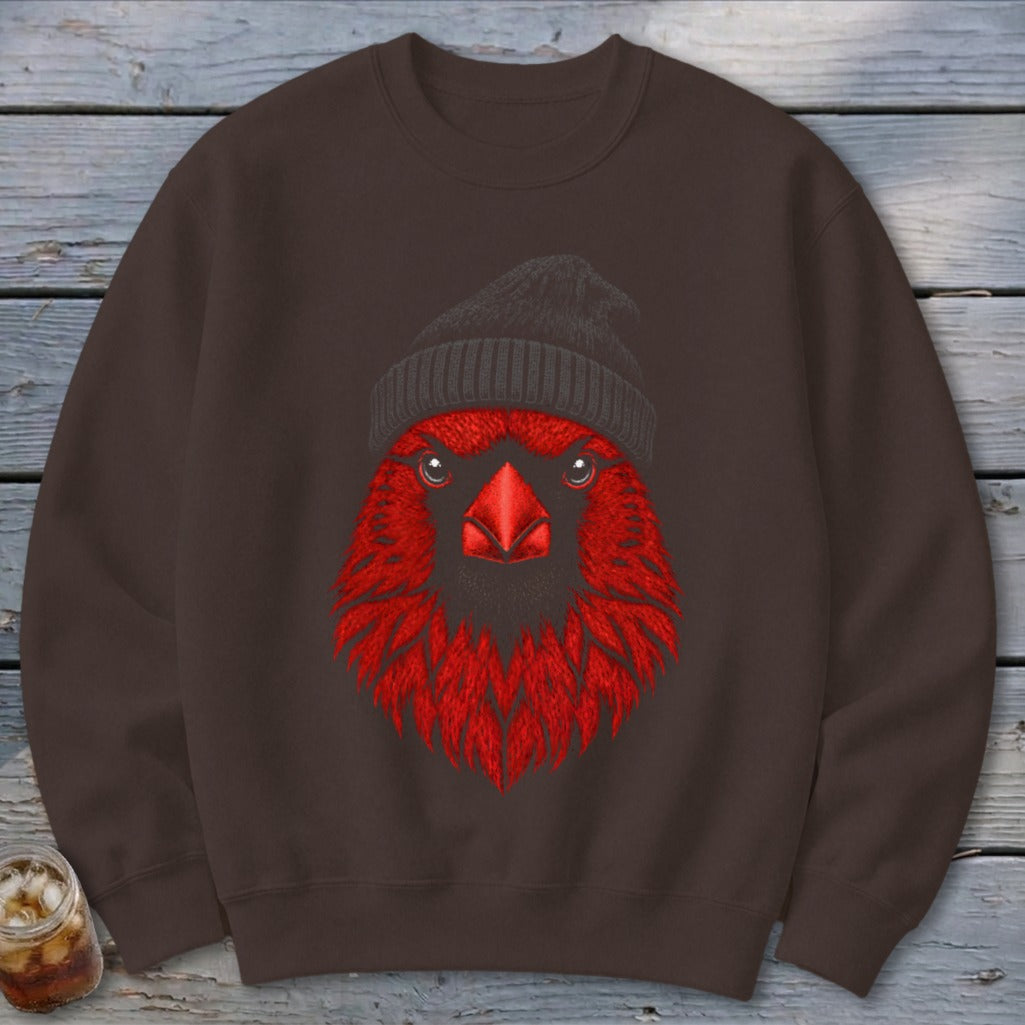 Brown crewneck sweatshirt featuring a red cardinal with a black beanie.