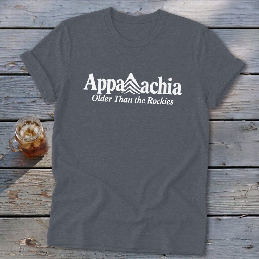 Dark gray t-shirt with white "Appalachia" text and mountain graphic.