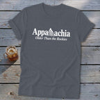 Dark gray t-shirt with white "Appalachia" text and mountain graphic.