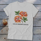 White t-shirt with orange Flame Azalea print and botanical name.