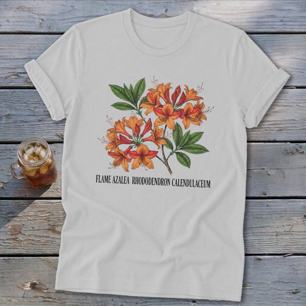 White t-shirt with orange Flame Azalea print and botanical name.