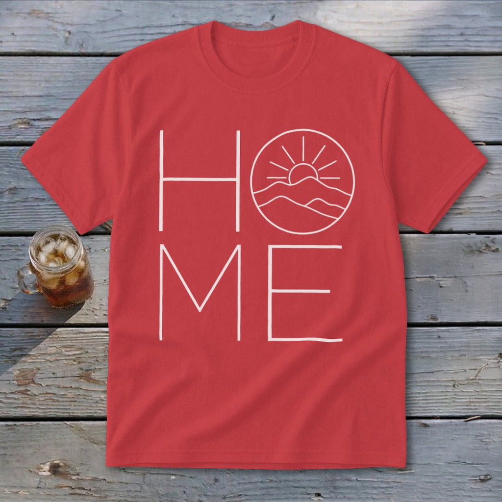A red t-shirt with white text reading HOME, where the O is replaced by a mountain landscape graphic.