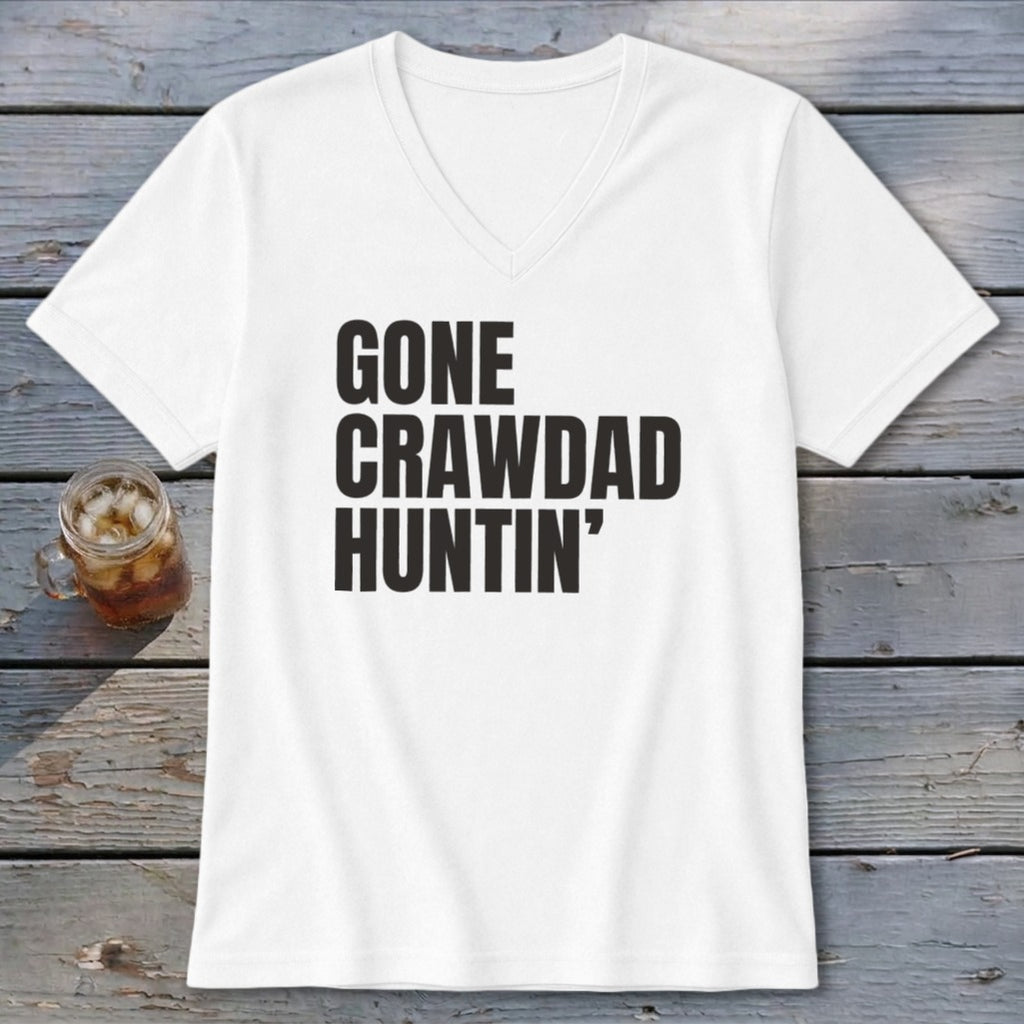 White t-shirt with black text "GONE CRAWDAD HUNTIN'" and a drink.