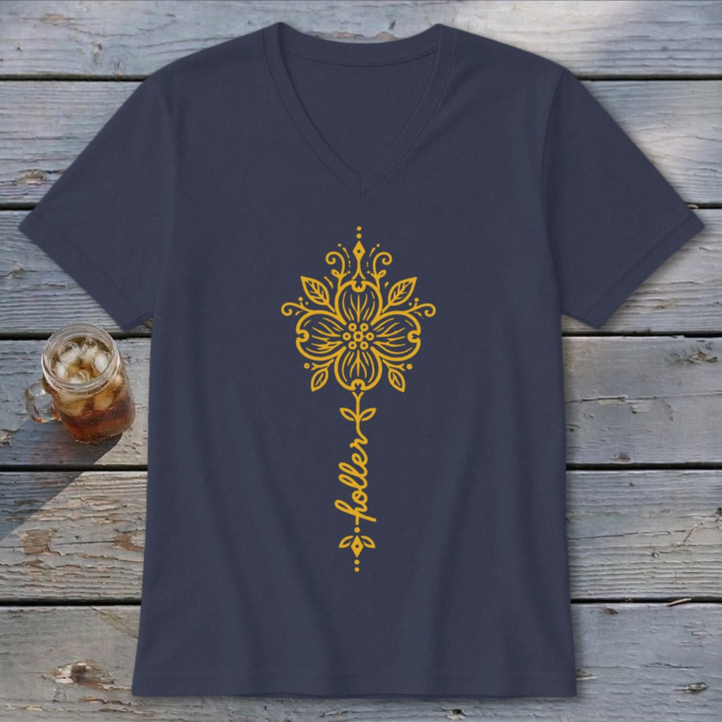 Navy v-neck t-shirt with yellow floral design and "holler" text.