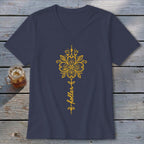 Navy v-neck t-shirt with yellow floral design and "holler" text.