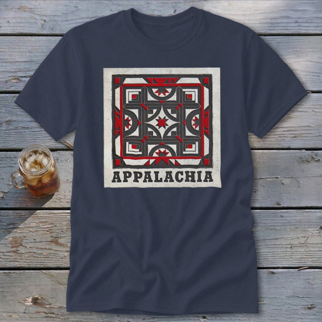 Dark blue t-shirt featuring a square geometric design and the text Appalachia laid on a wooden surface.
