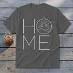 Charcoal grey t-shirt featuring the word HOME in white, with the O replaced by a mountain landscape graphic.