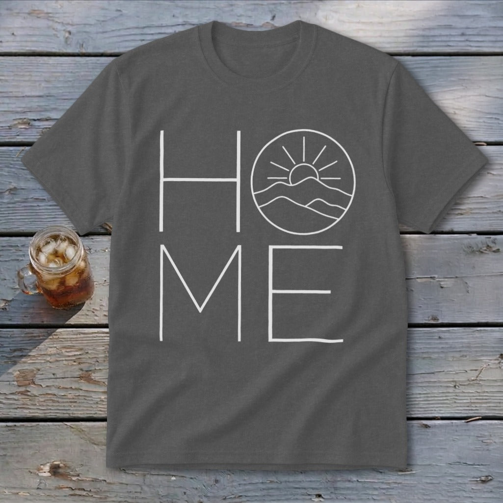 Charcoal grey t-shirt featuring the word HOME in white, with the O replaced by a mountain landscape graphic.