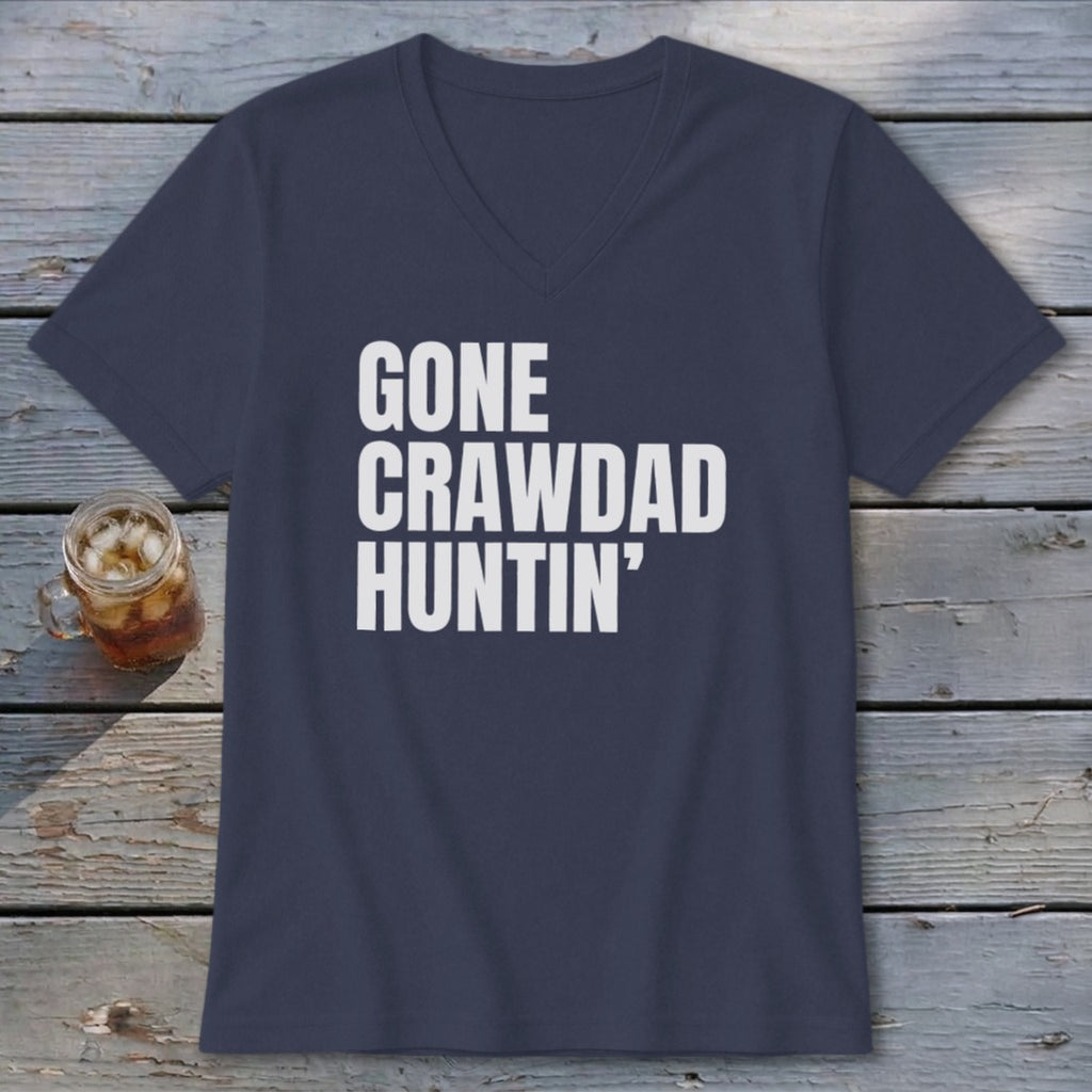 Navy v-neck t-shirt with "GONE CRAWDAD HUNTIN'" in white text.