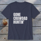 Navy v-neck t-shirt with "GONE CRAWDAD HUNTIN'" in white text.