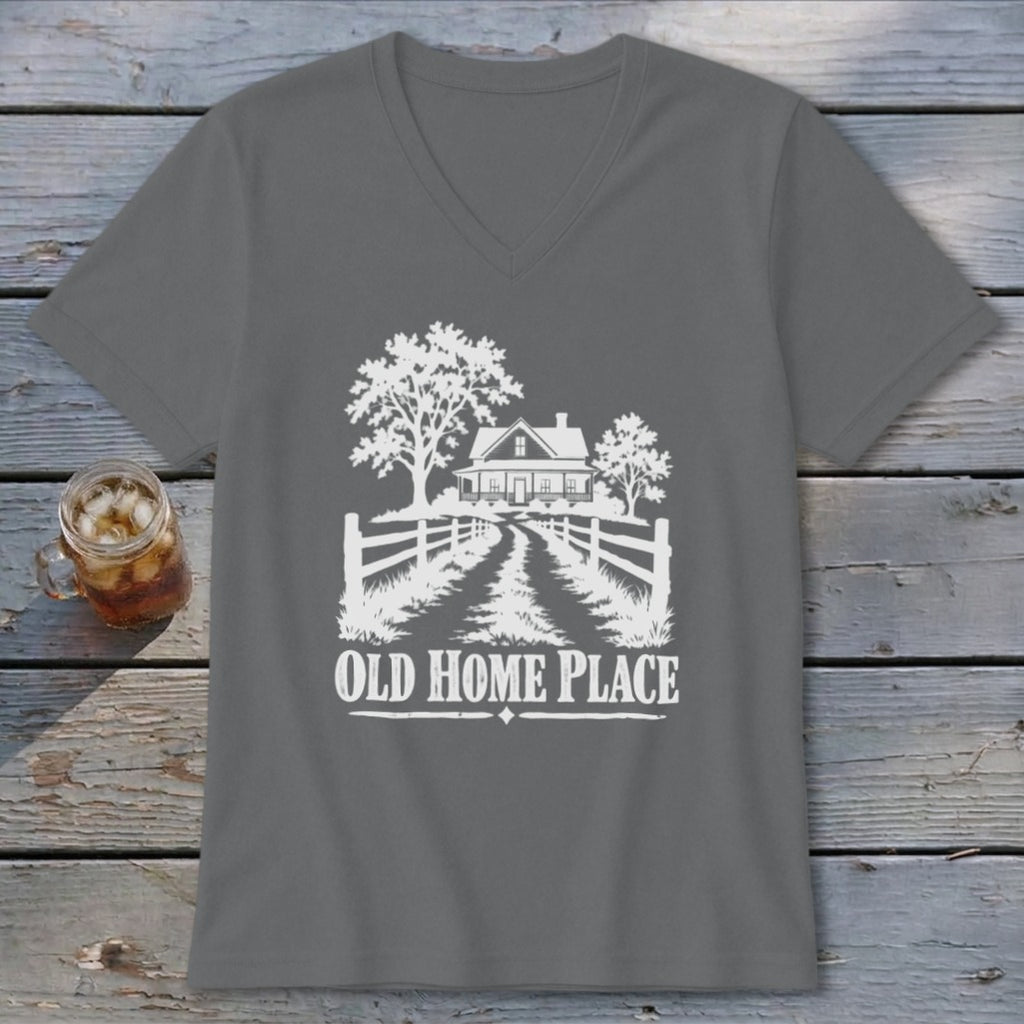 Grey v-neck t-shirt with white graphic of a farmhouse, trees, fence, and text "OLD HOME PLACE".