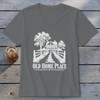Grey v-neck t-shirt with white graphic of a farmhouse, trees, fence, and text "OLD HOME PLACE".