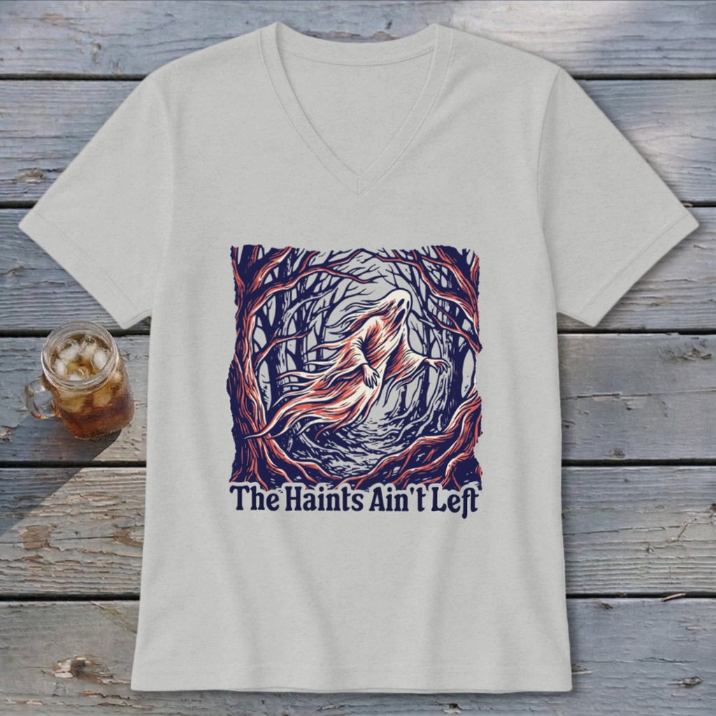 Light gray v-neck shirt with a forest ghost graphic and text "The Haints Ain't Left".
