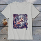 Light gray v-neck shirt with a forest ghost graphic and text "The Haints Ain't Left".