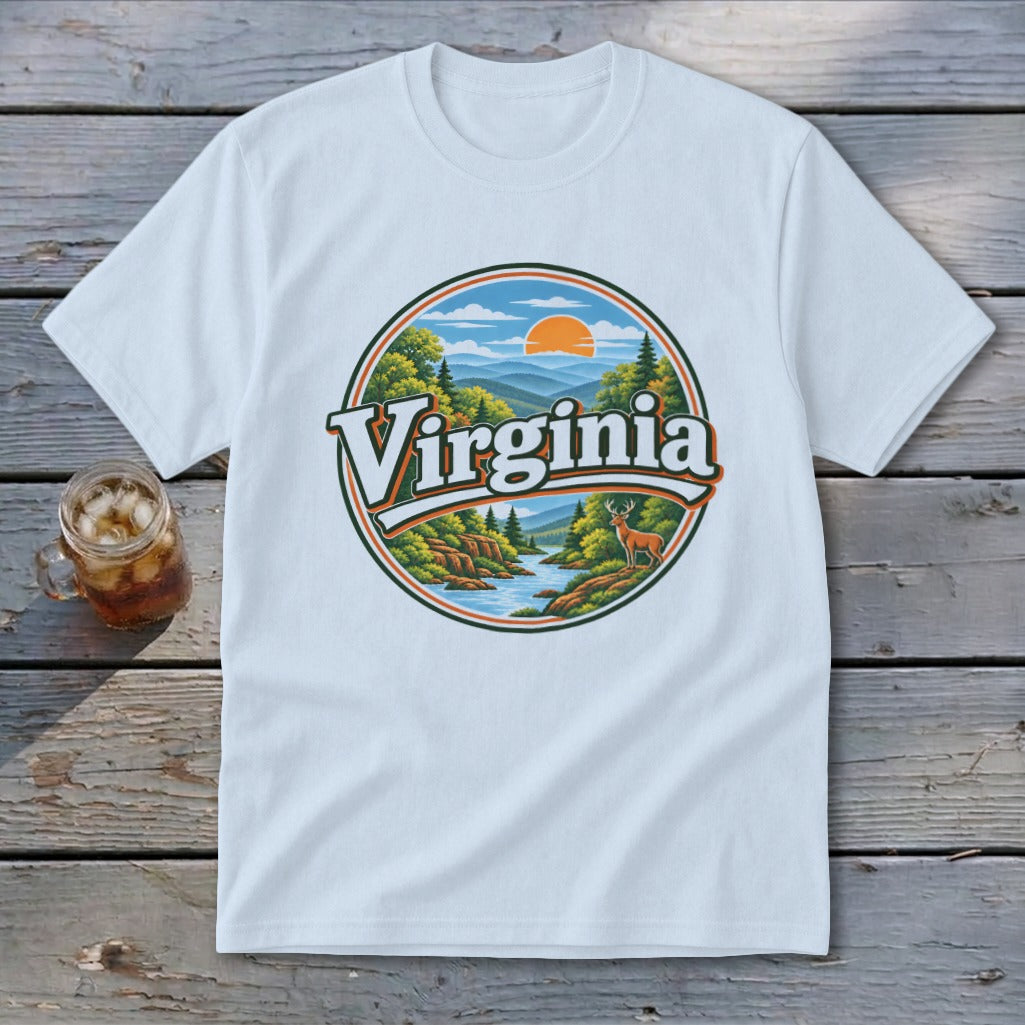 White t-shirt with a circular graphic of mountains, a river, a deer, and the word "Virginia".