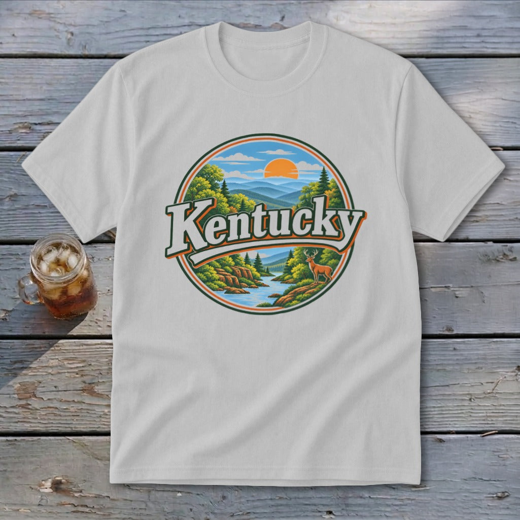 White t-shirt with a circular graphic of a deer by a river with "Kentucky" text.