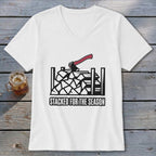 White v-neck t-shirt with graphic of stacked firewood and axe, text "STACKED FOR THE SEASON".