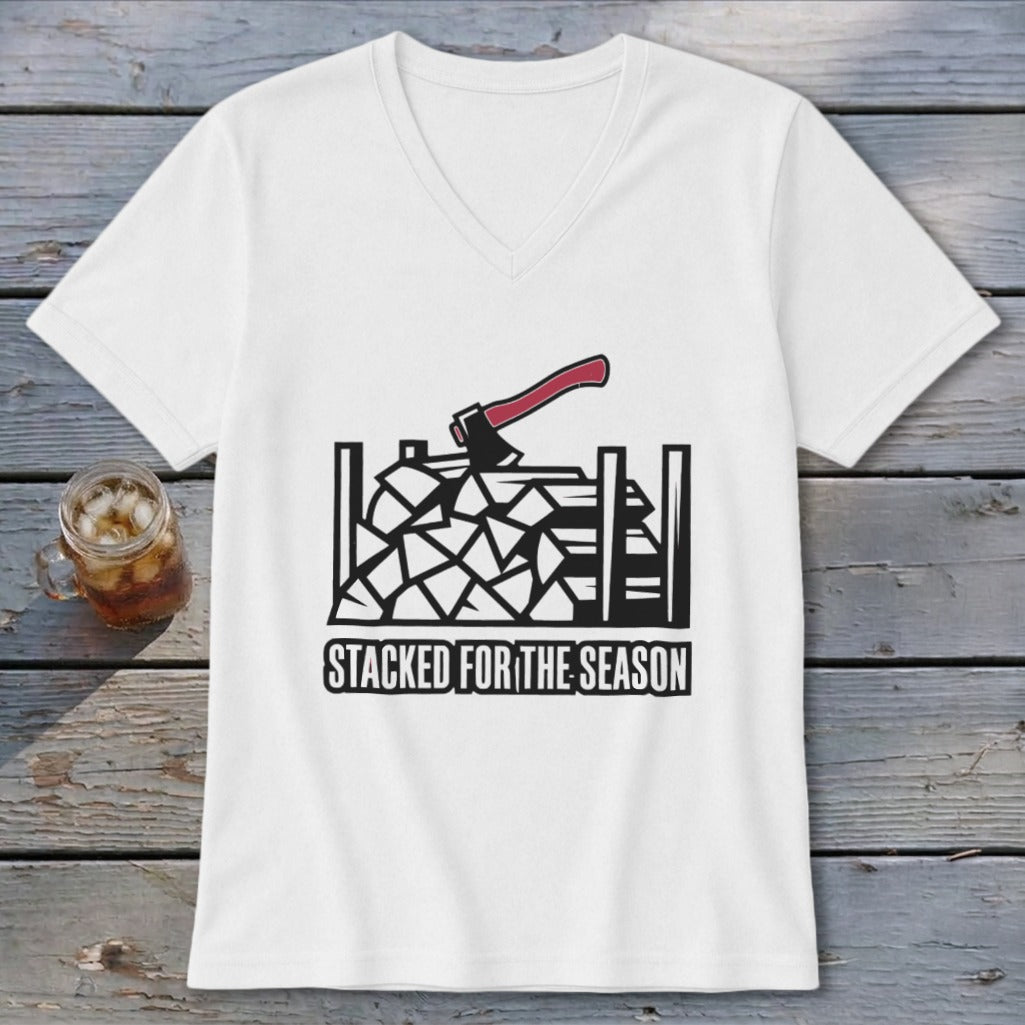 White v-neck t-shirt with graphic of stacked firewood and axe, text "STACKED FOR THE SEASON".