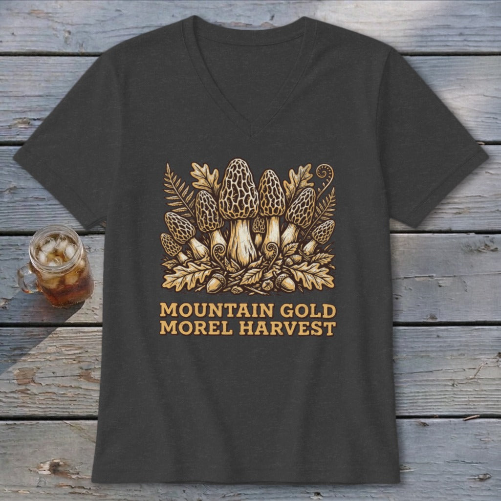 Dark grey v-neck t-shirt with "Mountain Gold Morel Harvest" text and mushroom graphic.