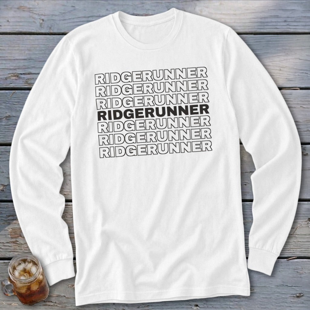 White long-sleeved shirt with repeating black text that reads "RIDGERUNNER".