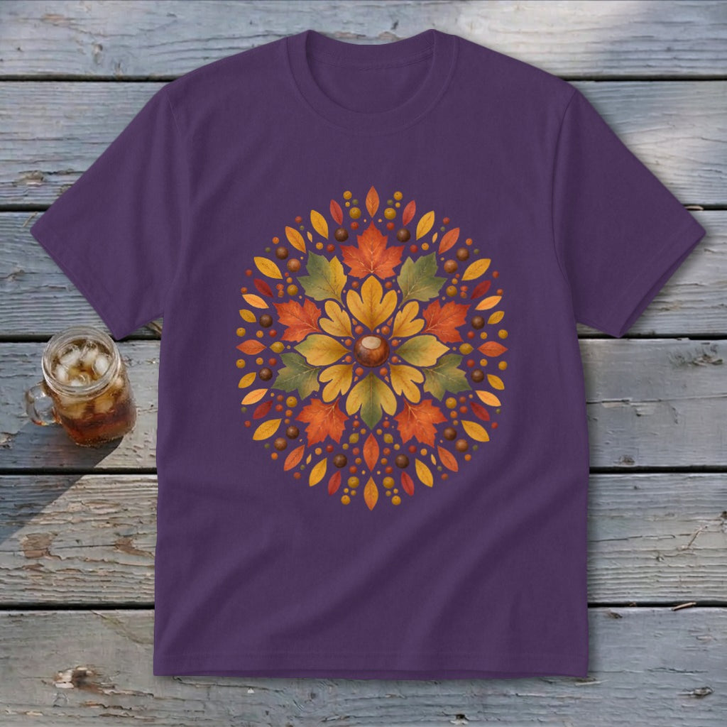 Purple t-shirt with a circular fall leaf and acorn design.