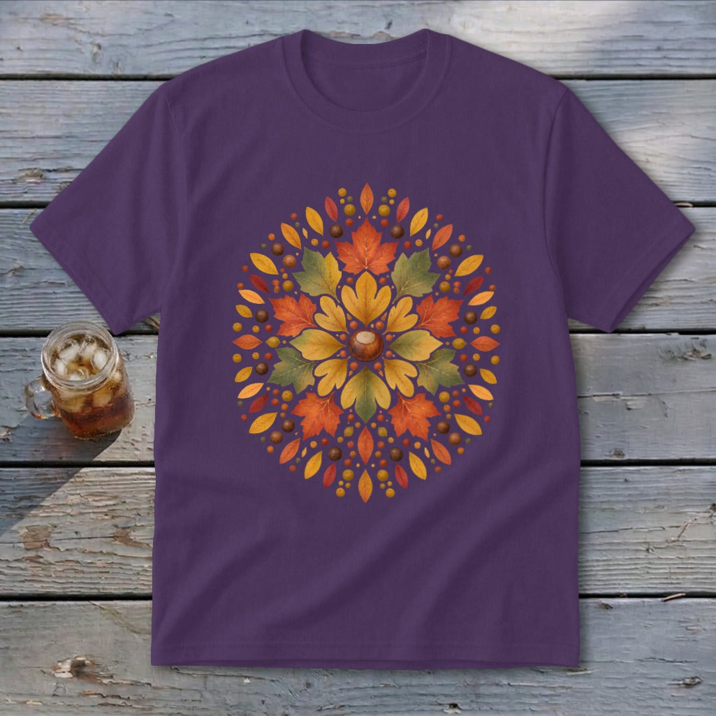 Purple t-shirt with a circular fall leaf and acorn design.