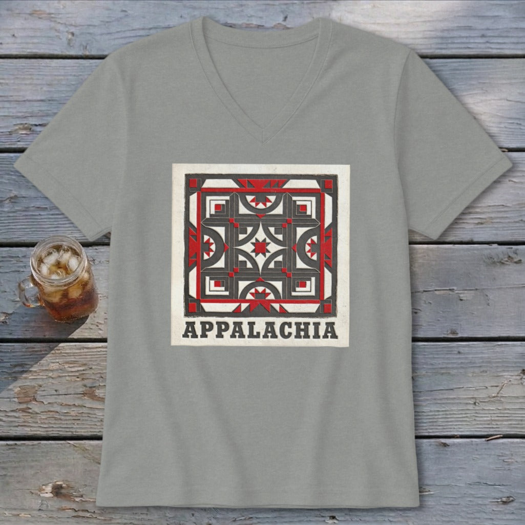 A grey V-neck t-shirt featuring a red, white, and black geometric block design with the word APPALACHIA.