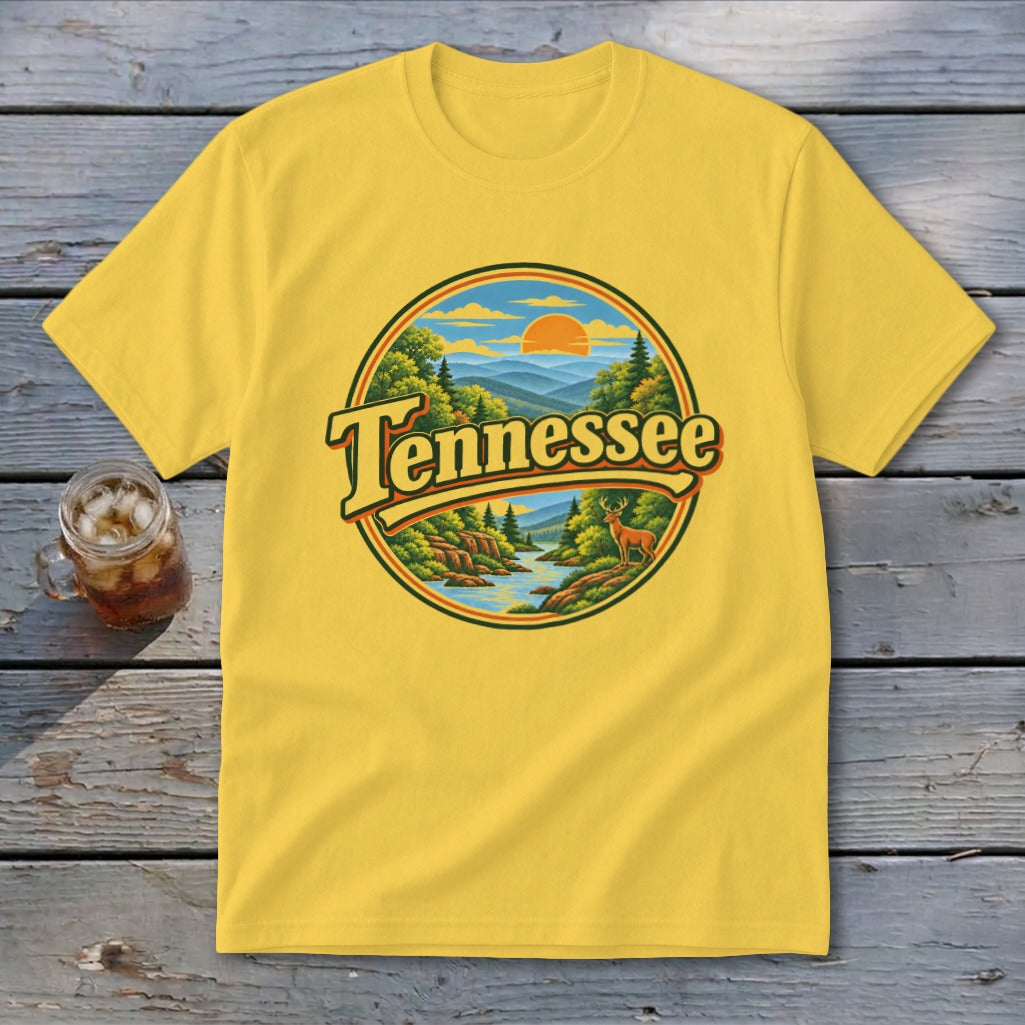 Yellow t-shirt with circular Tennessee mountain landscape graphic and deer.