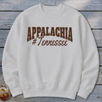 White sweatshirt with brown text reading "APPALACHIA #Tennessee"