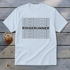 White t-shirt with "RIDGERUNNER" repeated in black text, one line bolded.