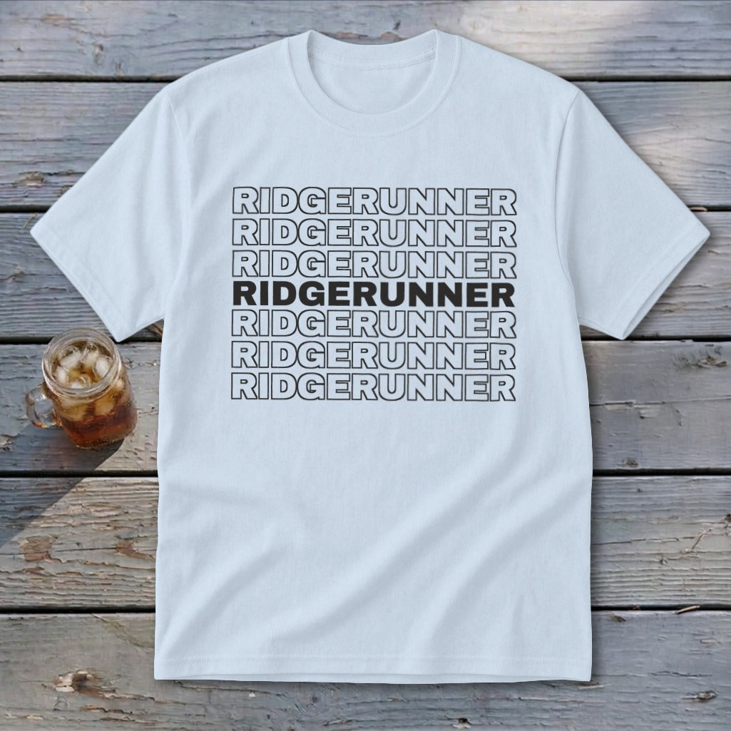 White t-shirt with "RIDGERUNNER" repeated in black text, one line bolded.
