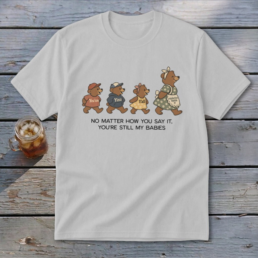 Bear family with "You'uns," "Yinz," and "Y'all" walking behind "Appalachian Mama," with text.