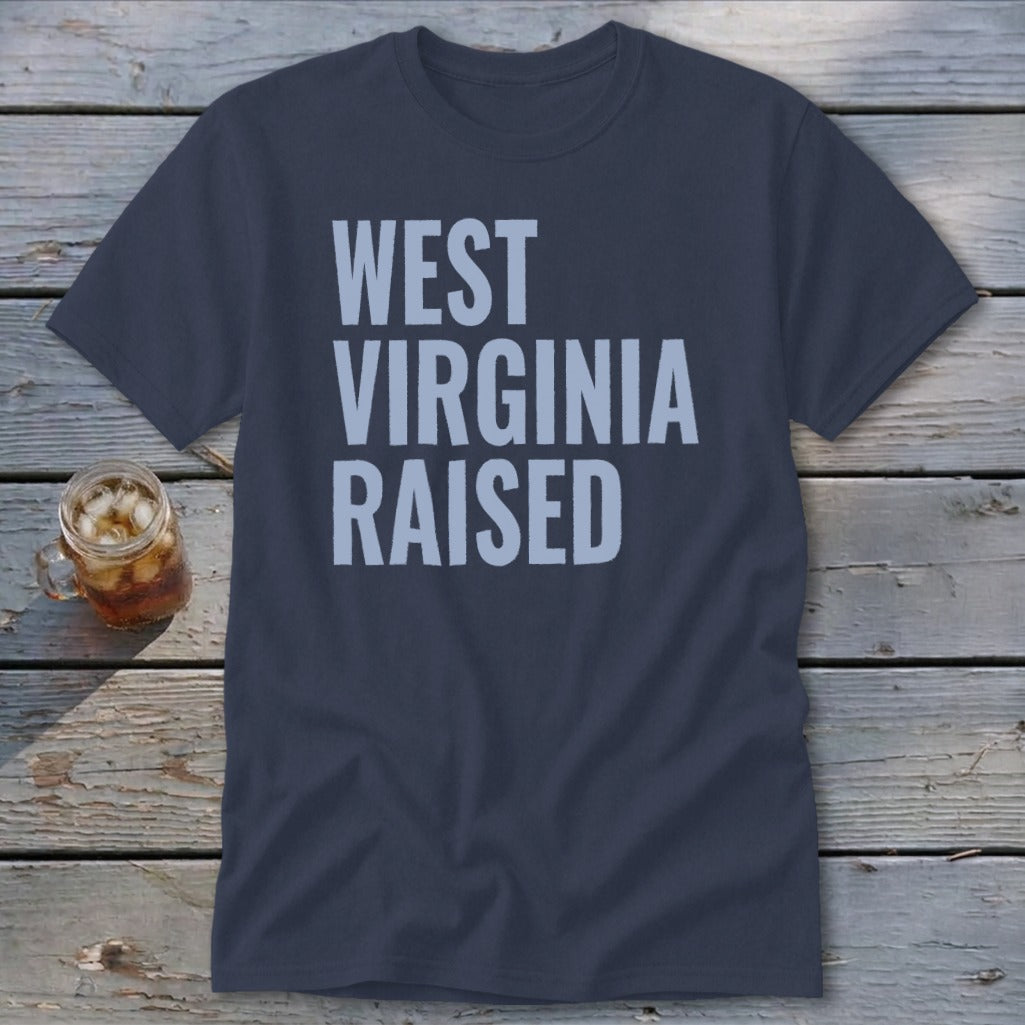 Navy t-shirt with "WEST VIRGINIA RAISED" text in light blue.