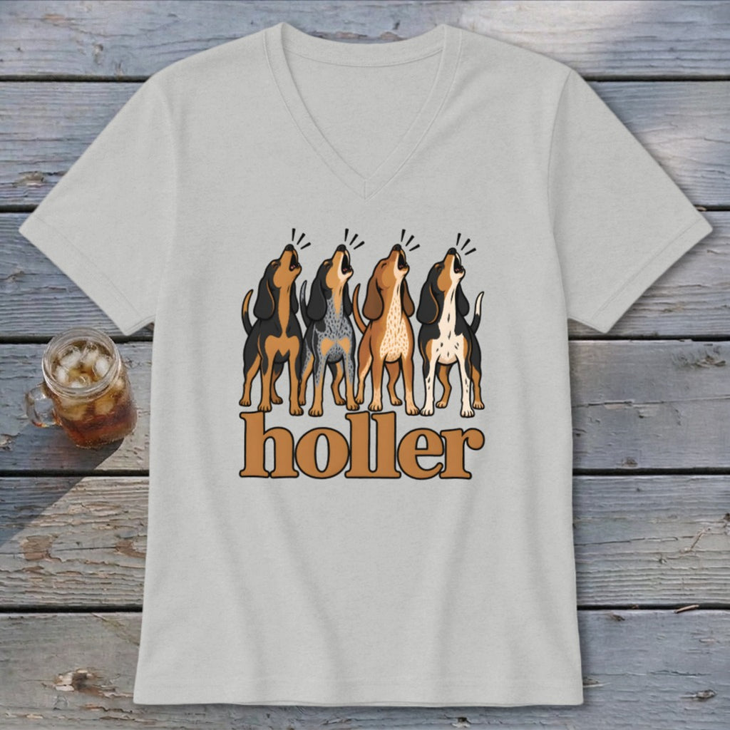 T-shirt with four howling hounds and the word "holler".