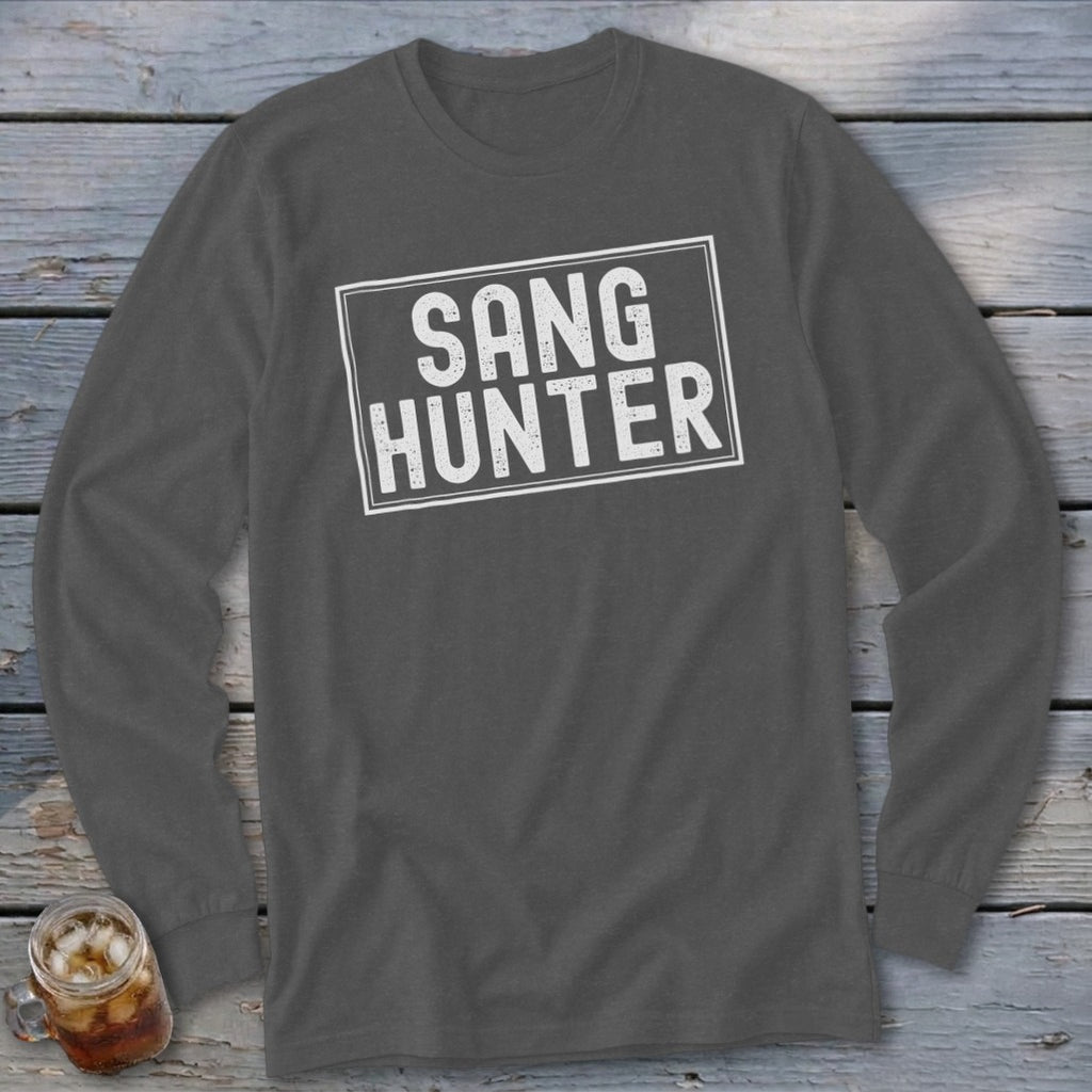 Gray long-sleeve shirt with white text "SANG HUNTER" in a rectangle.