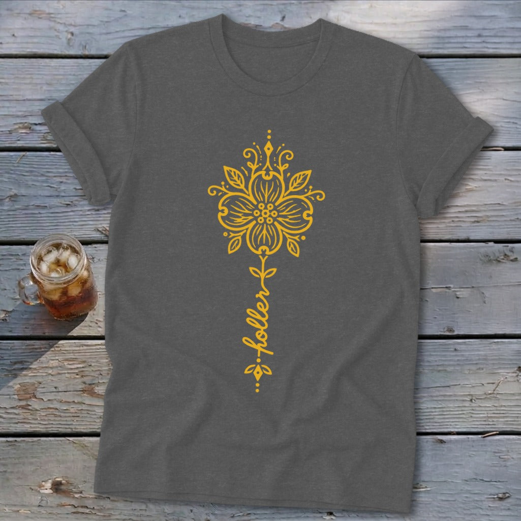 Gray t-shirt with yellow floral design and "holler" text.